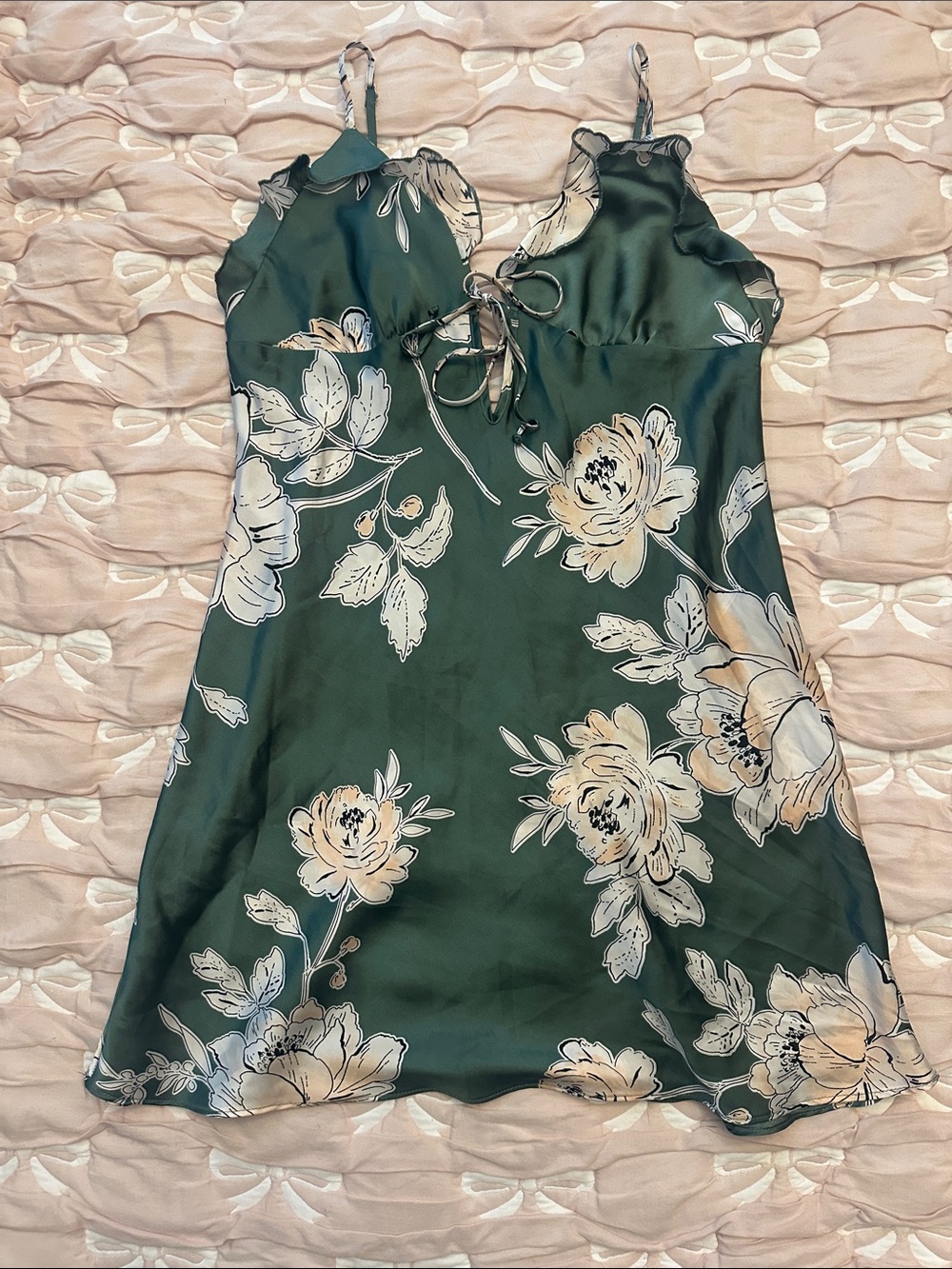 Forest Green Floral Satin Chemise with Cream Blooms